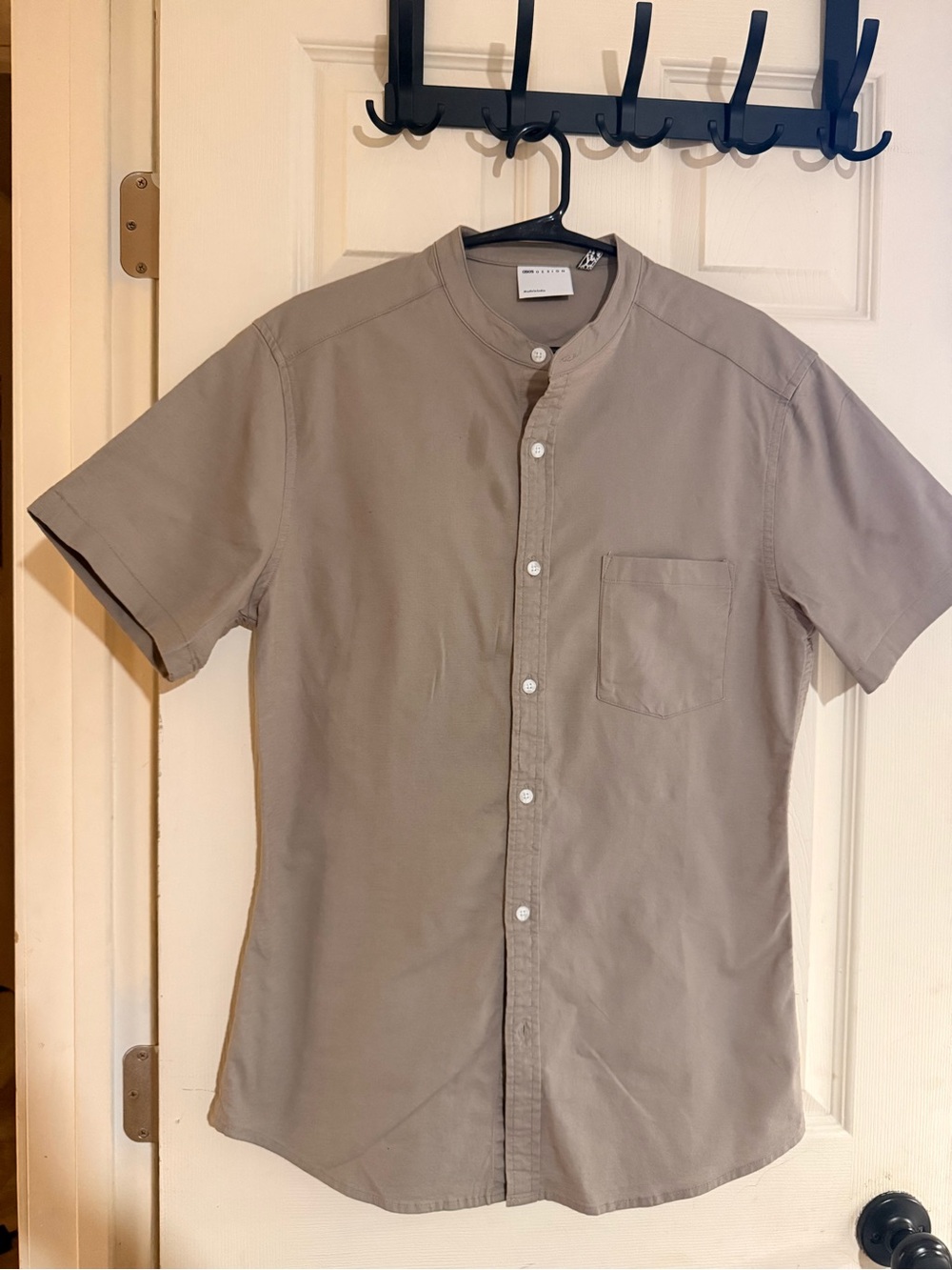 ASOS DESIGN‎ Men's Short Sleeve Mandarin Granddad Collar Shirt Tan Slim Small